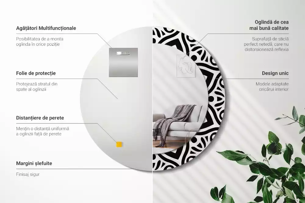 Okrúhle zrkadlo s potlačeným rámom Čierna ozdoba