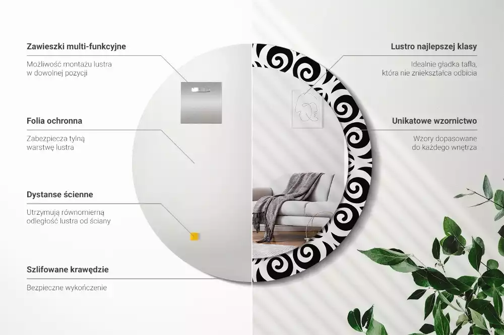 Okrúhle zrkadlo s potlačeným rámom Čierna ozdoba