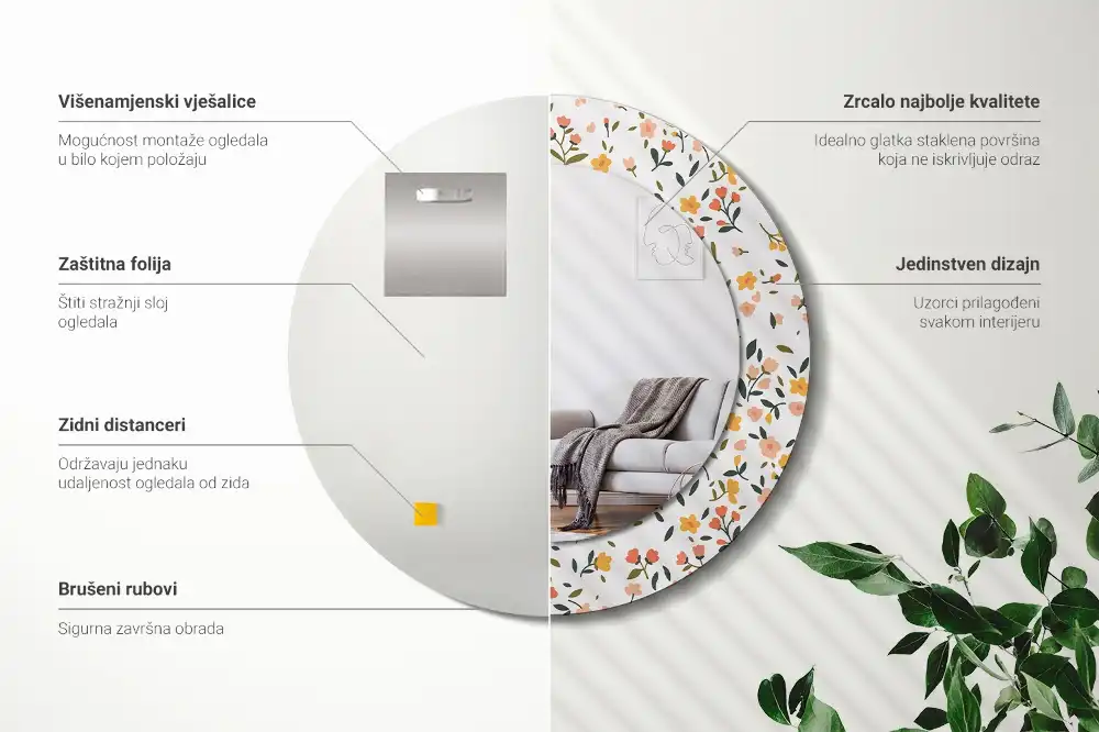 Okrúhle zrkadlo s potlačeným rámom Malé kvety