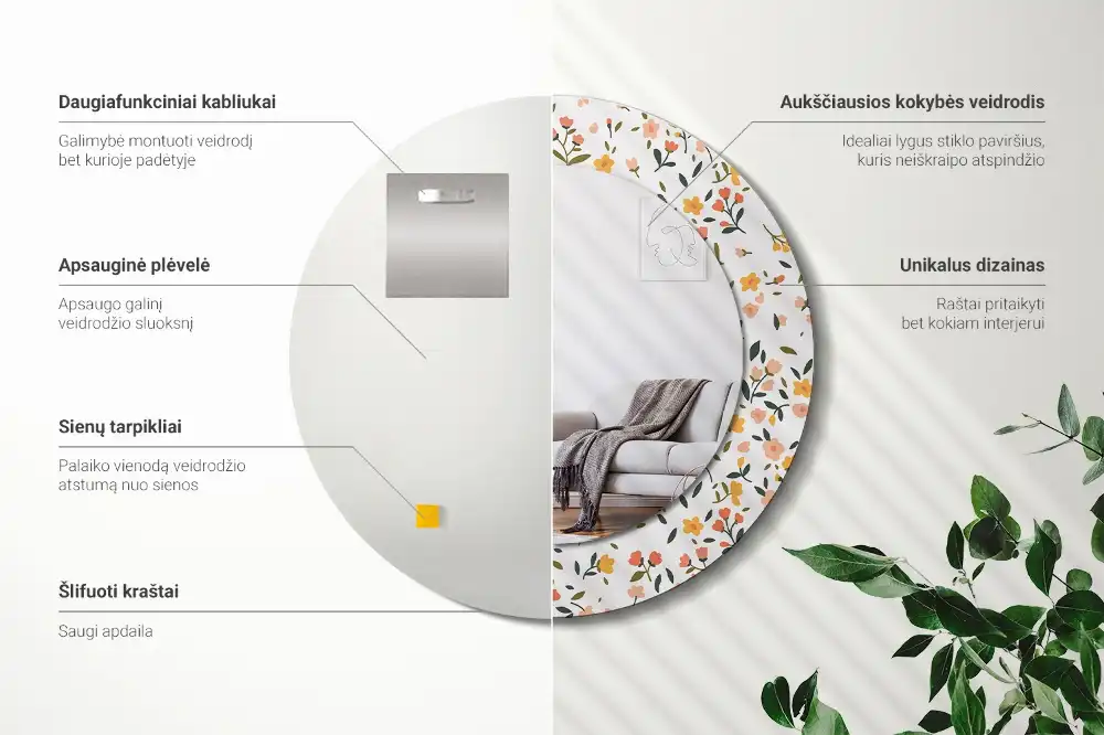 Okrúhle zrkadlo s potlačeným rámom Malé kvety