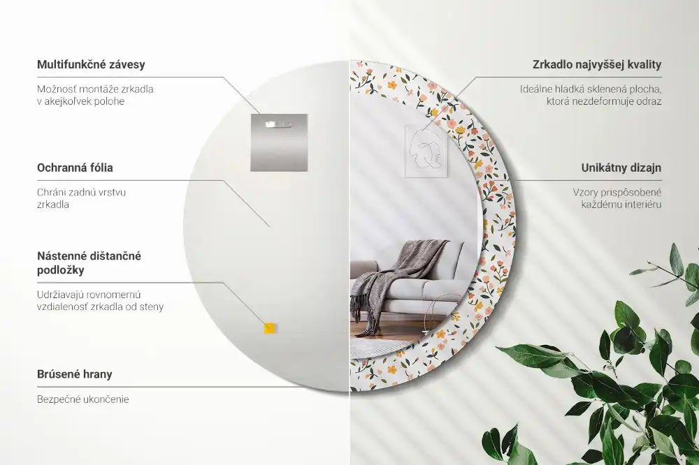 Okrúhle zrkadlo s potlačeným rámom Malé kvety