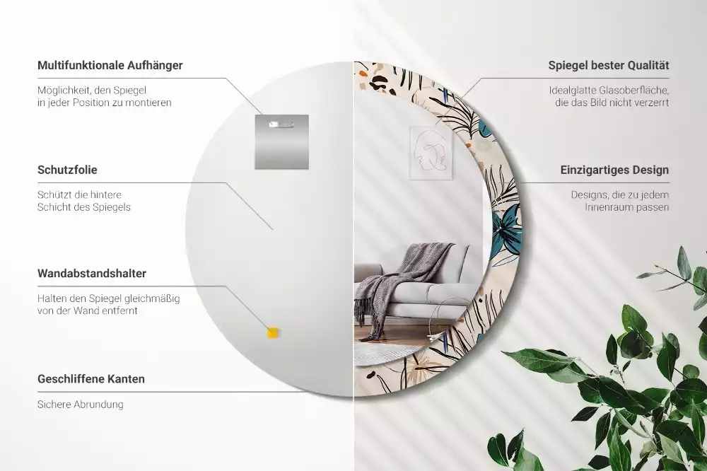 Okrúhle dekoračné zrkadlo na stenu Kvety so vzorom džungle