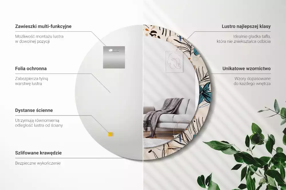 Okrúhle dekoračné zrkadlo na stenu Kvety so vzorom džungle