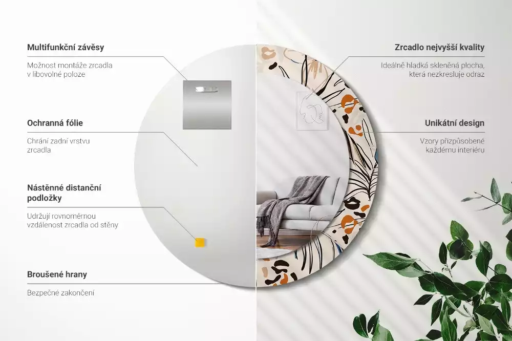 Okrúhle dekoračné zrkadlo na stenu Kvety so vzorom džungle