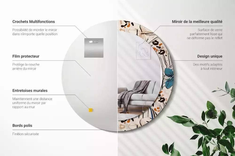 Okrúhle dekoračné zrkadlo na stenu Kvety so vzorom džungle