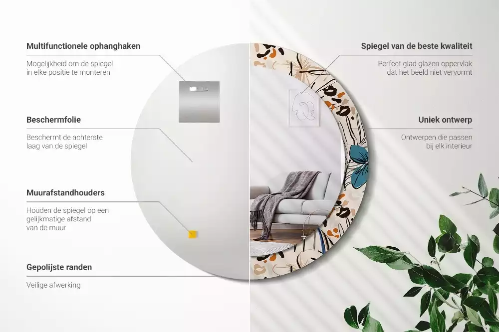 Okrúhle dekoračné zrkadlo na stenu Kvety so vzorom džungle