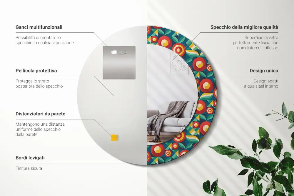 Okrúhle zrkadlo rám s potlačou Geometrické ovocie a listy