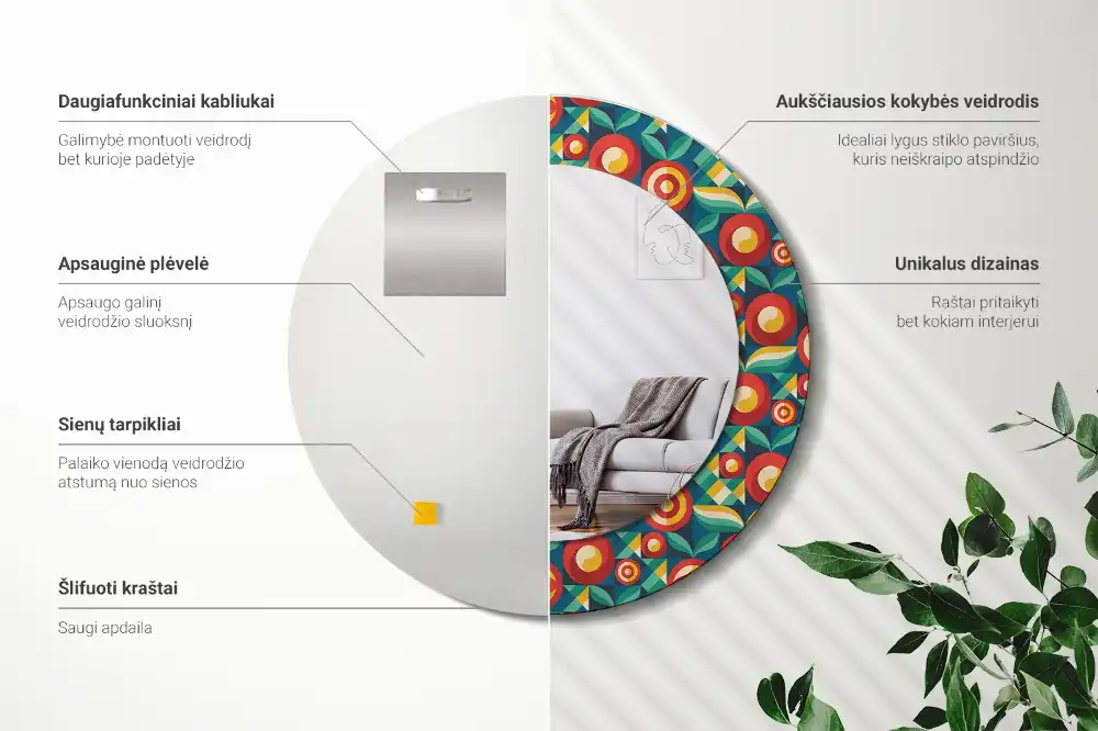 Okrúhle zrkadlo rám s potlačou Geometrické ovocie a listy