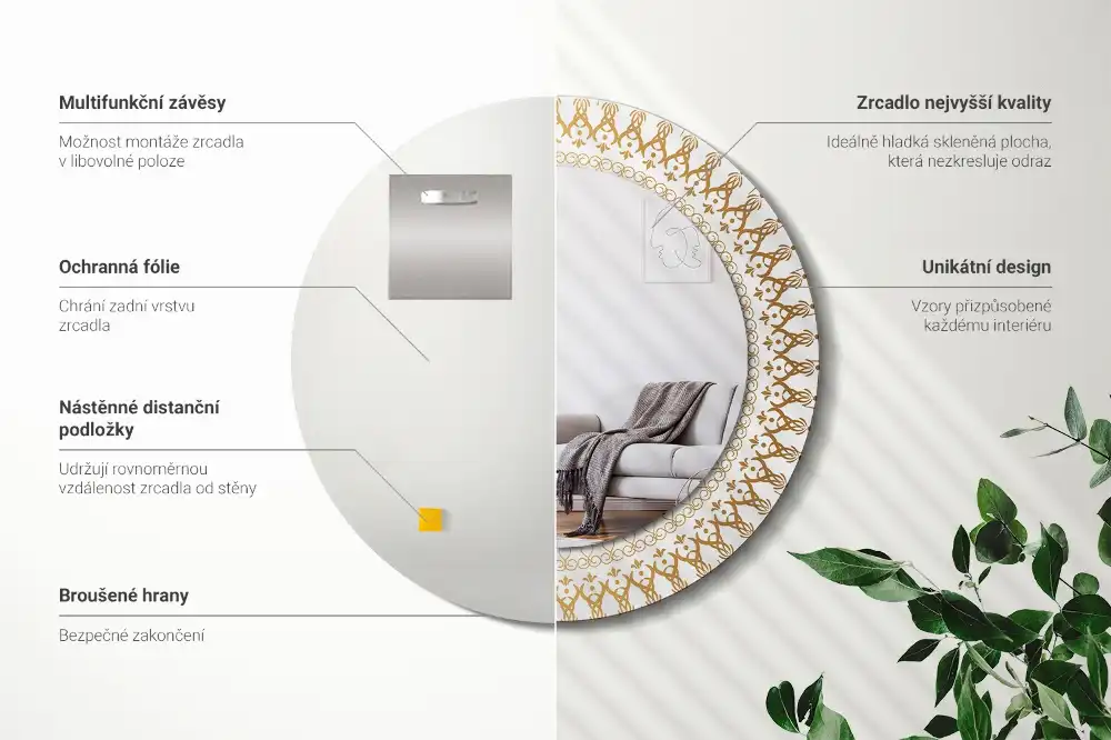 Okrúhle zrkadlo rám s potlačou Indická mandala