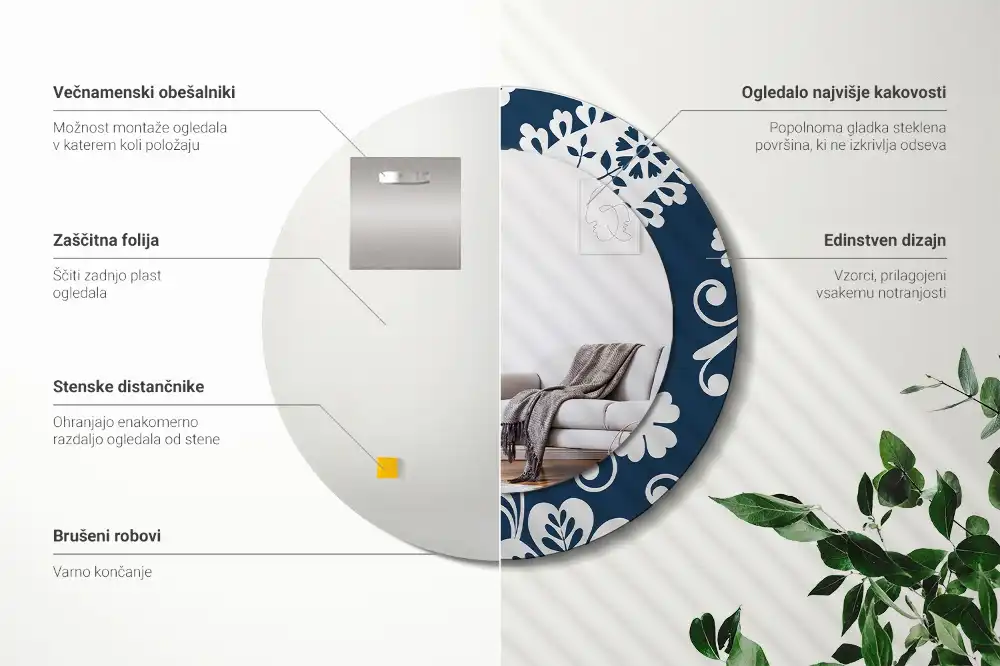 Okrúhle zrkadlo rám s potlačou Paisley kompozícia