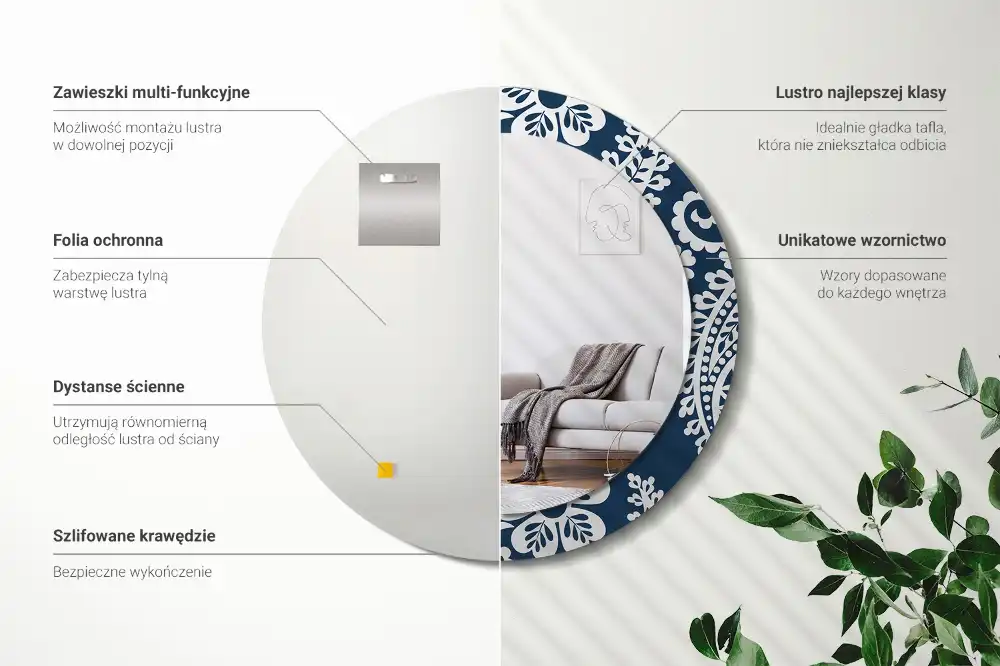 Okrúhle zrkadlo rám s potlačou Paisley kompozícia