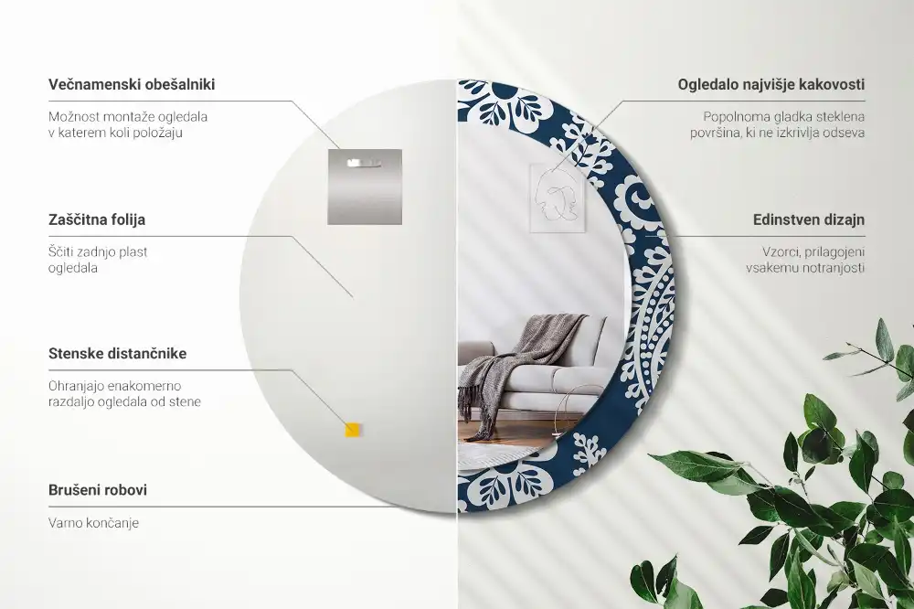 Okrúhle zrkadlo rám s potlačou Paisley kompozícia