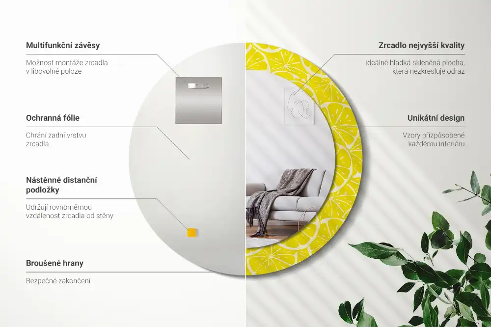 Okrúhle zrkadlo s potlačeným rámom Citróny