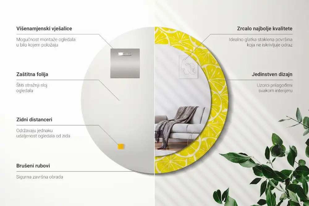 Okrúhle zrkadlo s potlačeným rámom Citróny