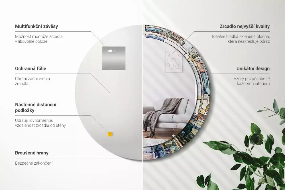 Okrúhle zrkadlo rám s potlačou Vitráže