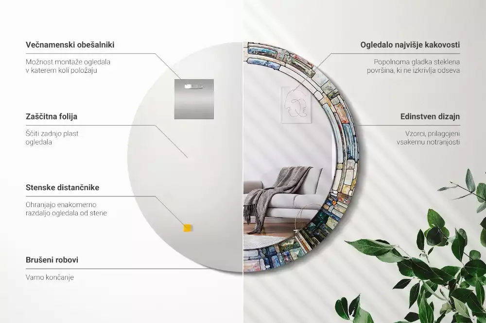 Okrúhle zrkadlo rám s potlačou Vitráže