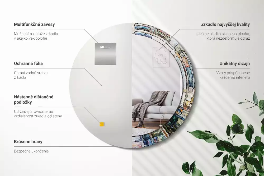 Okrúhle zrkadlo rám s potlačou Vitráže