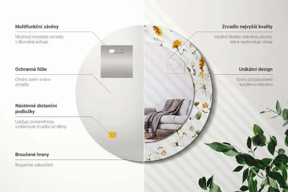 Okrúhle zrkadlo rám s potlačou Divoké kvety