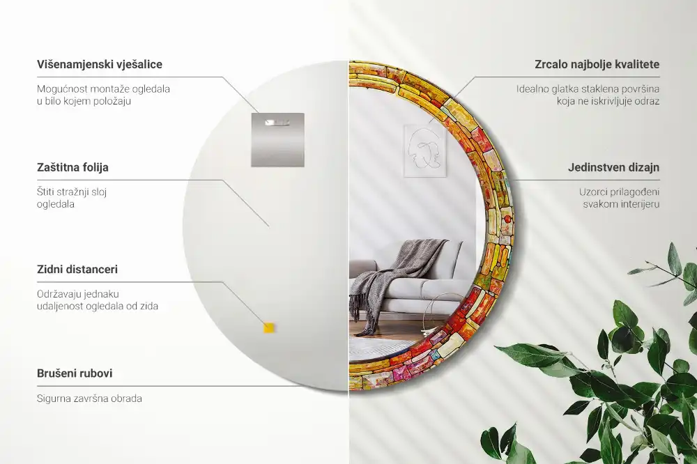 Okrúhle zrkadlo s potlačeným rámom Farebné vitráže