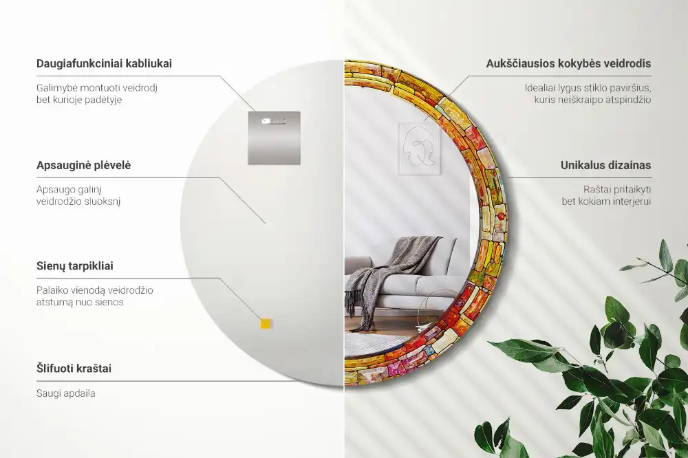 Okrúhle zrkadlo s potlačeným rámom Farebné vitráže