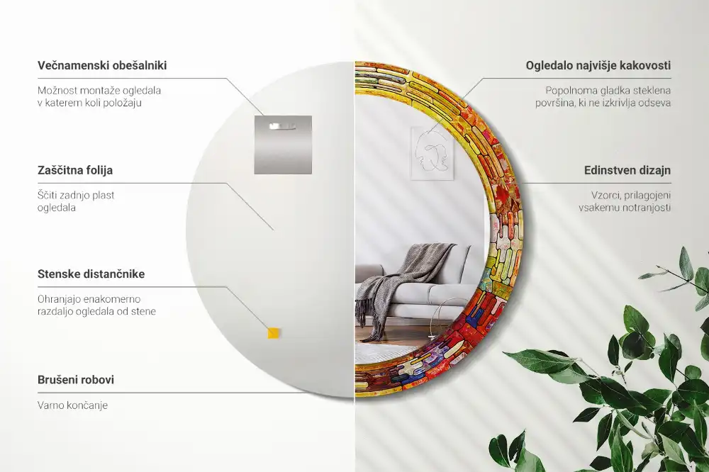 Okrúhle zrkadlo s potlačeným rámom Farebné vitráže