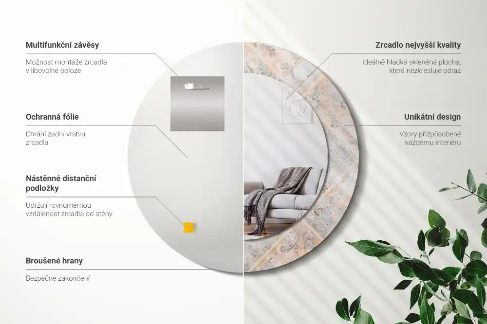 Okrúhle zrkadlo s potlačeným rámom Brúsené dlaždice