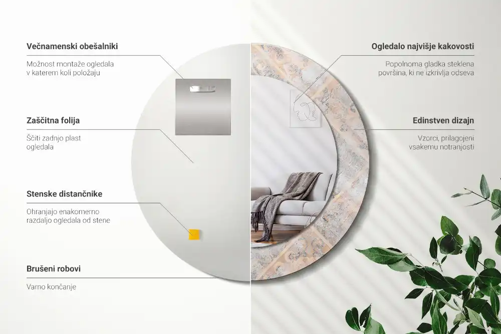 Okrúhle zrkadlo s potlačeným rámom Brúsené dlaždice