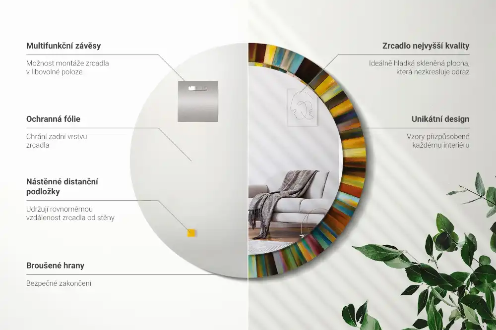 Okrúhle zrkadlo s potlačeným rámom Farebné lúče