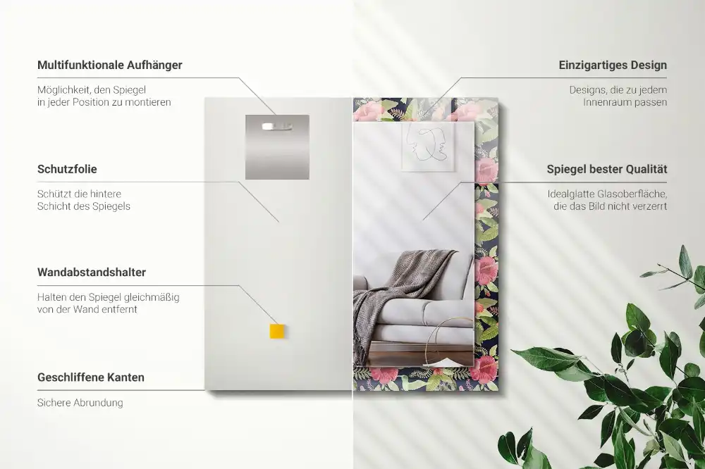 Obdĺžnikové zrkadlo s motívom Kvety a vtáky