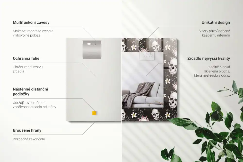 Obdĺžnikové ozdobné zrkadlo Lebky a kvety