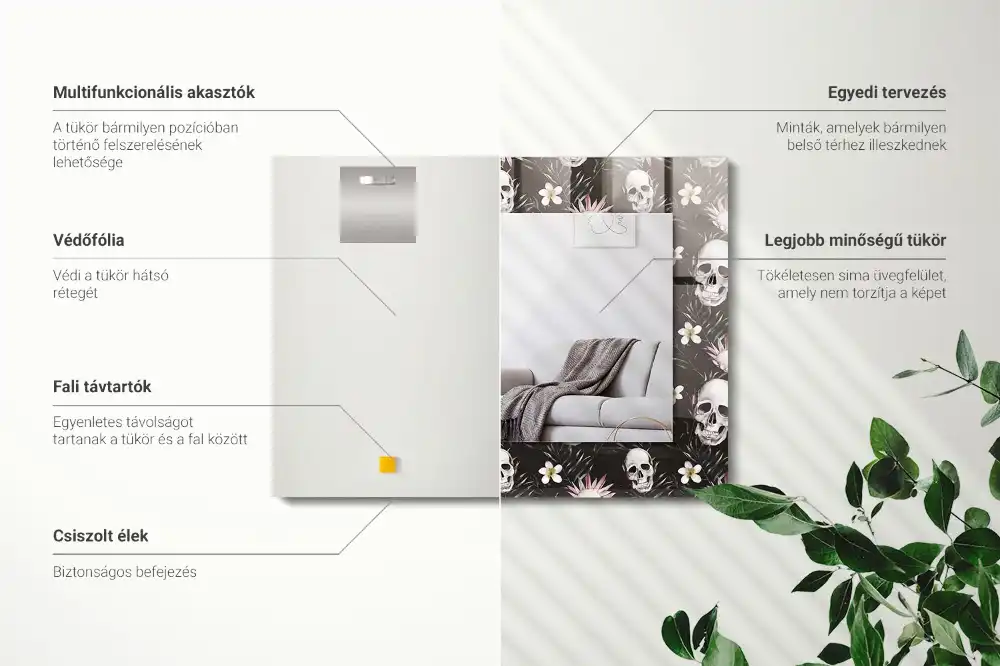 Obdĺžnikové ozdobné zrkadlo Lebky a kvety