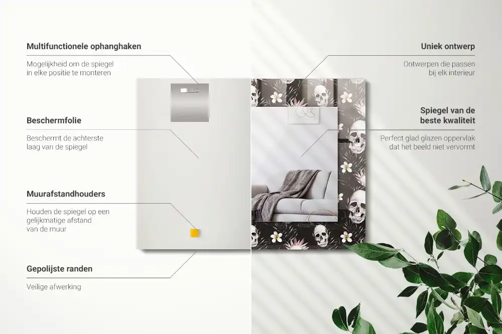 Obdĺžnikové ozdobné zrkadlo Lebky a kvety