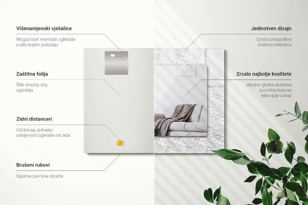 Obdĺžnikové ozdobné zrkadlo Kvetinový monochromatický vzor