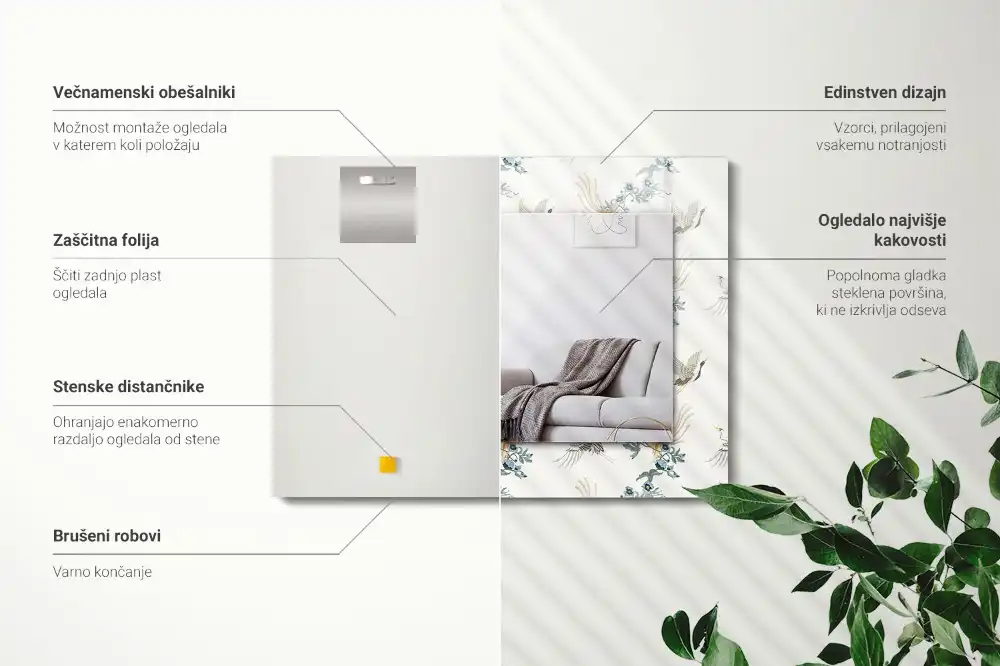 Obdĺžnikové dekoračné zrkadlo Vtáky a kvety