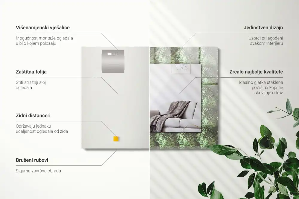 Obdĺžnikové zrkadlo s motívom Listy tropických rastlín