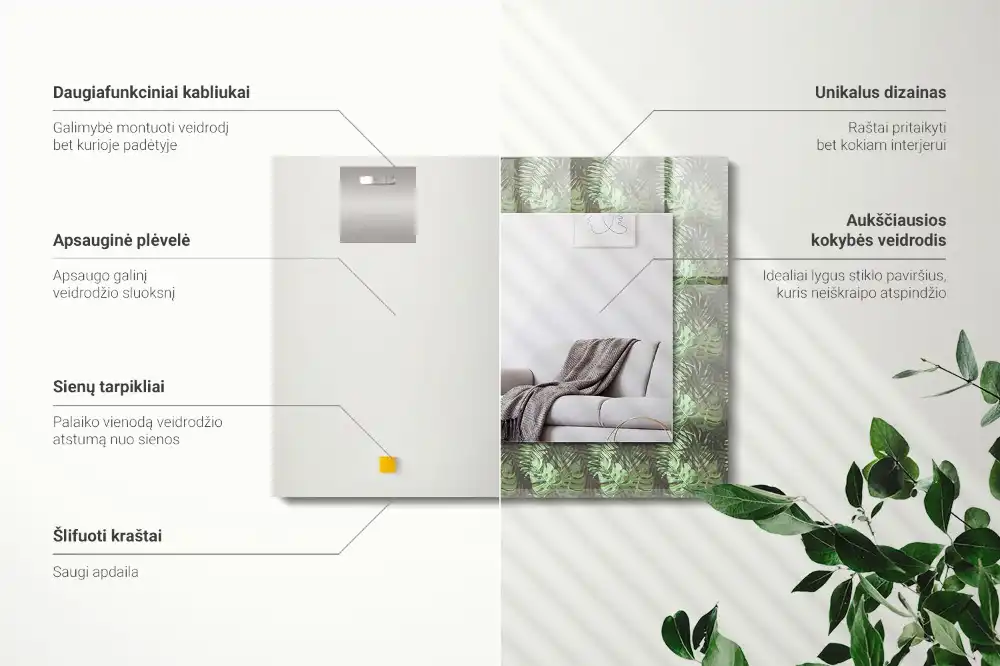 Obdĺžnikové zrkadlo s motívom Listy tropických rastlín