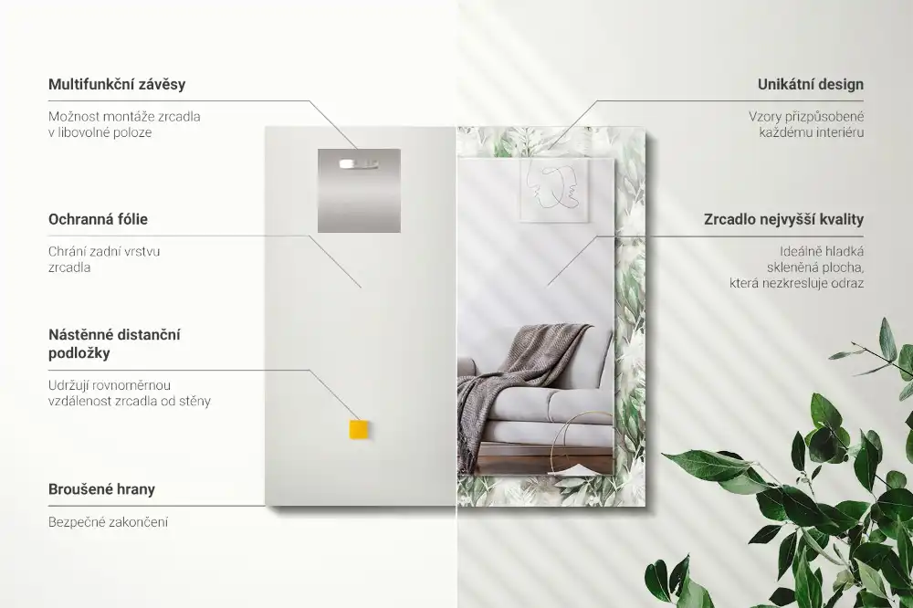 Obdĺžnikové zrkadlo s motívom Vzor zelených listov