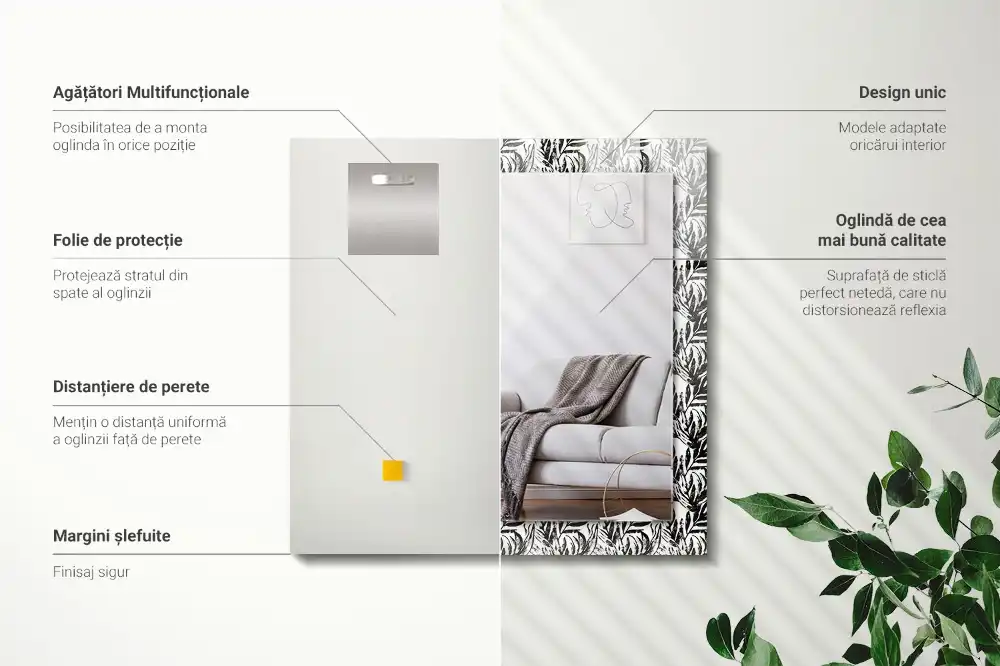 Obdĺžnikové zrkadlo s motívom Čierne a biele listy