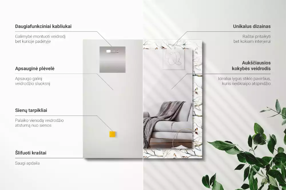 Obdĺžnikové zrkadlo s motívom Vtáky na konároch