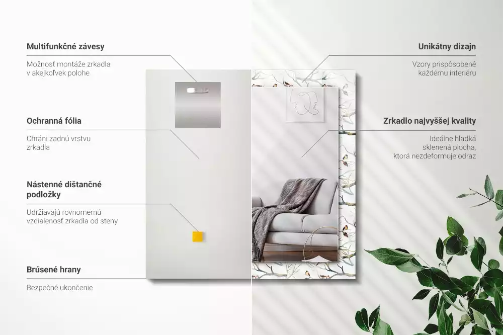 Obdĺžnikové zrkadlo s motívom Vtáky na konároch