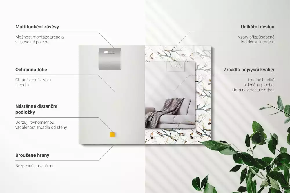 Obdĺžnikové zrkadlo s motívom Vtáky na konároch