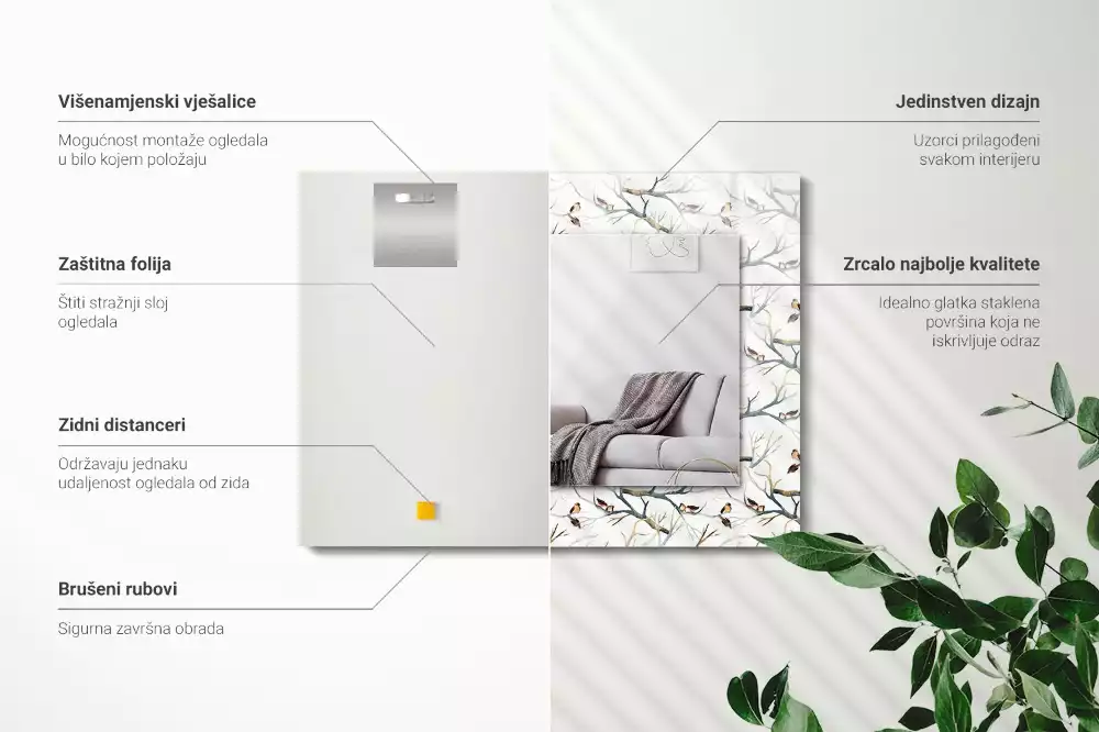 Obdĺžnikové zrkadlo s motívom Vtáky na konároch