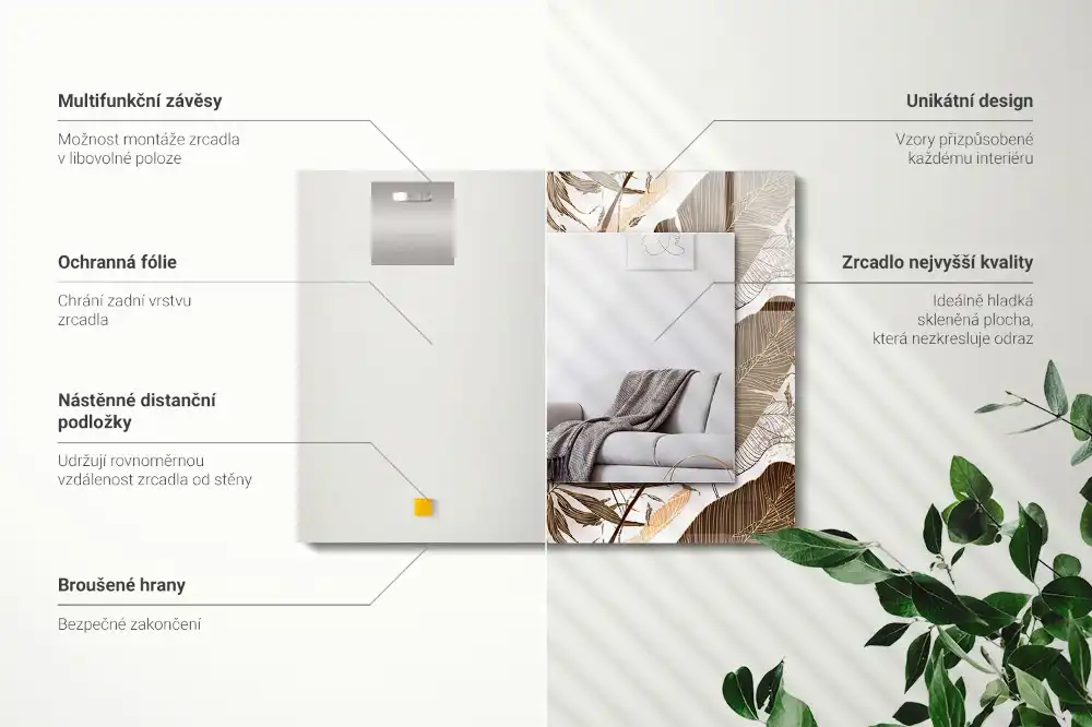 Obdĺžnikové dekoračné zrkadlo Tropický vzor listov