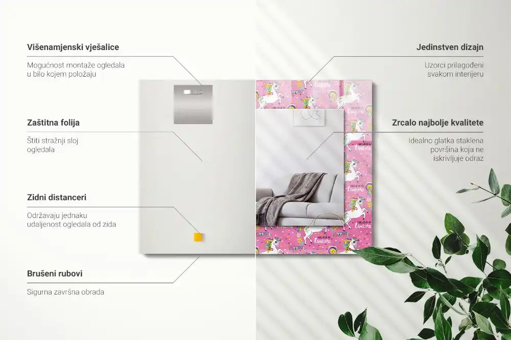 Obdĺžnikové ozdobné zrkadlo Dúhové srdcia jednorožcov