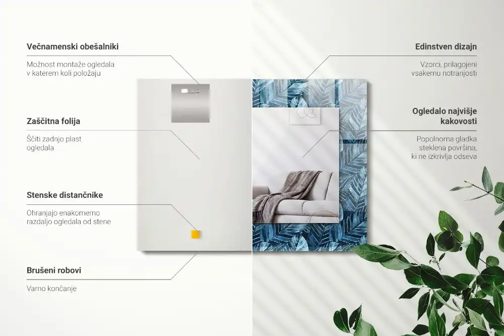 Obdĺžnikové dekoračné zrkadlo Vzor modrých listov