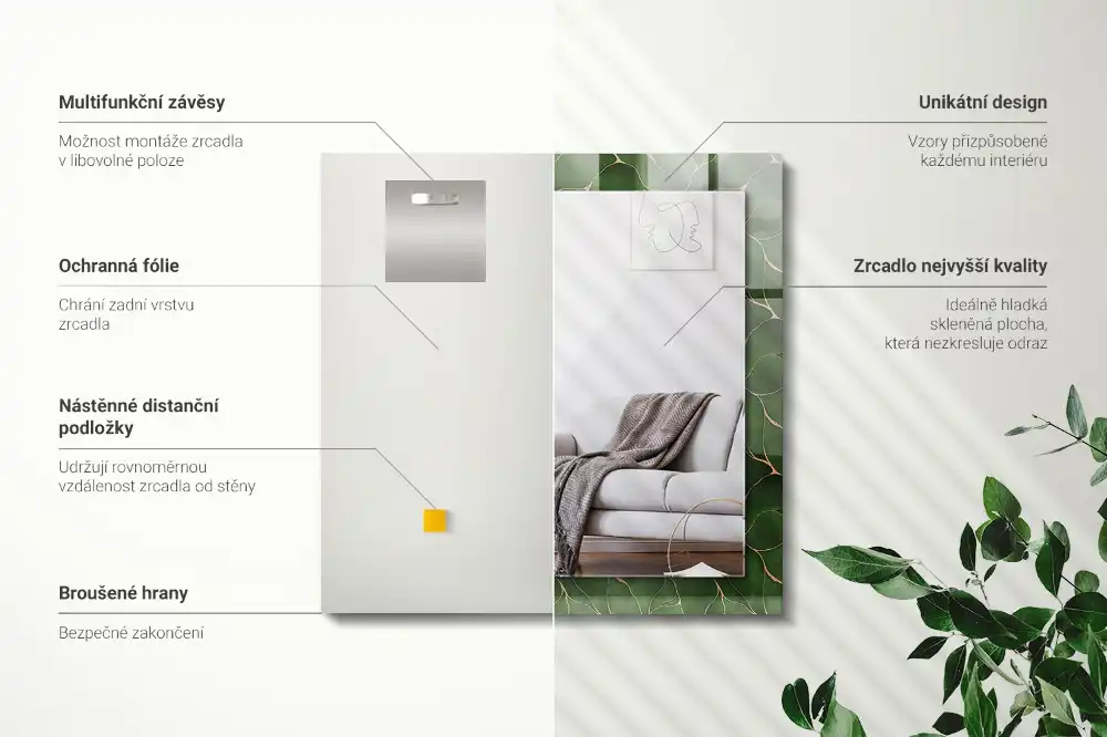 Obdĺžnikové ozdobné zrkadlo Vzor zelených listov