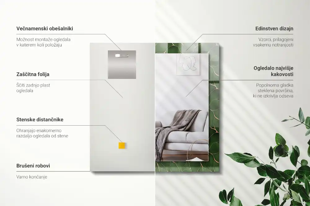 Obdĺžnikové ozdobné zrkadlo Vzor zelených listov