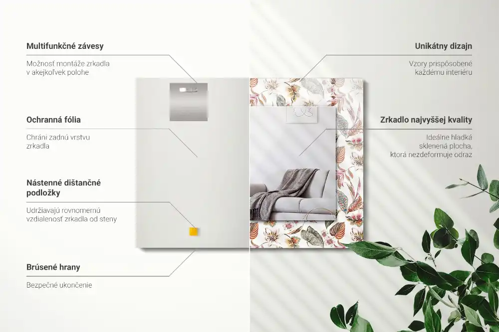 Obdĺžnikové dekoračné zrkadlo Kvety a listy