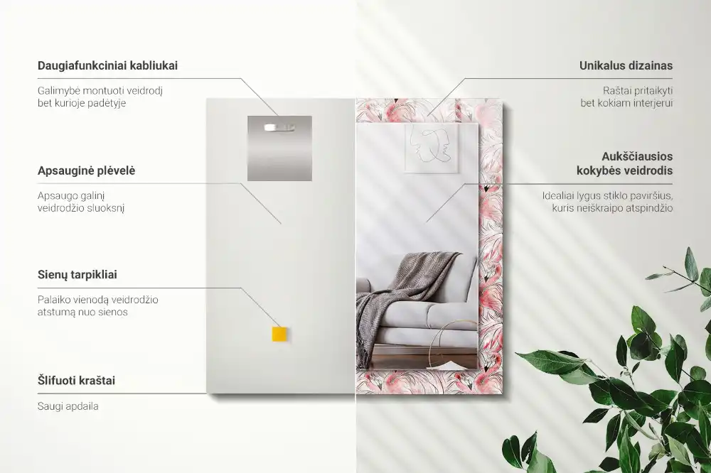 Obdĺžnikové zrkadlo s motívom Ružové plameniaky