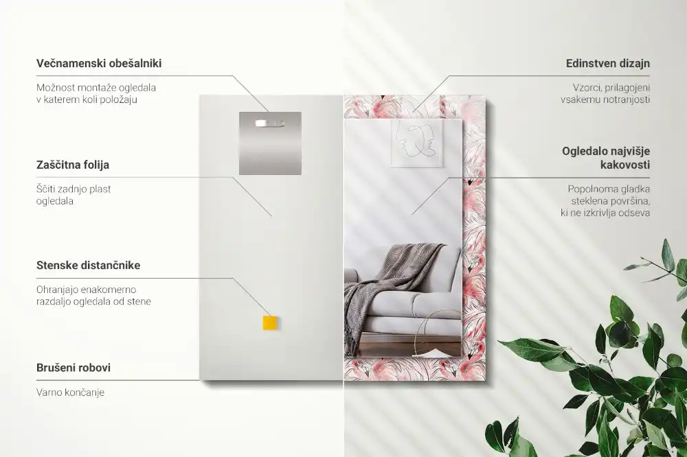 Obdĺžnikové zrkadlo s motívom Ružové plameniaky